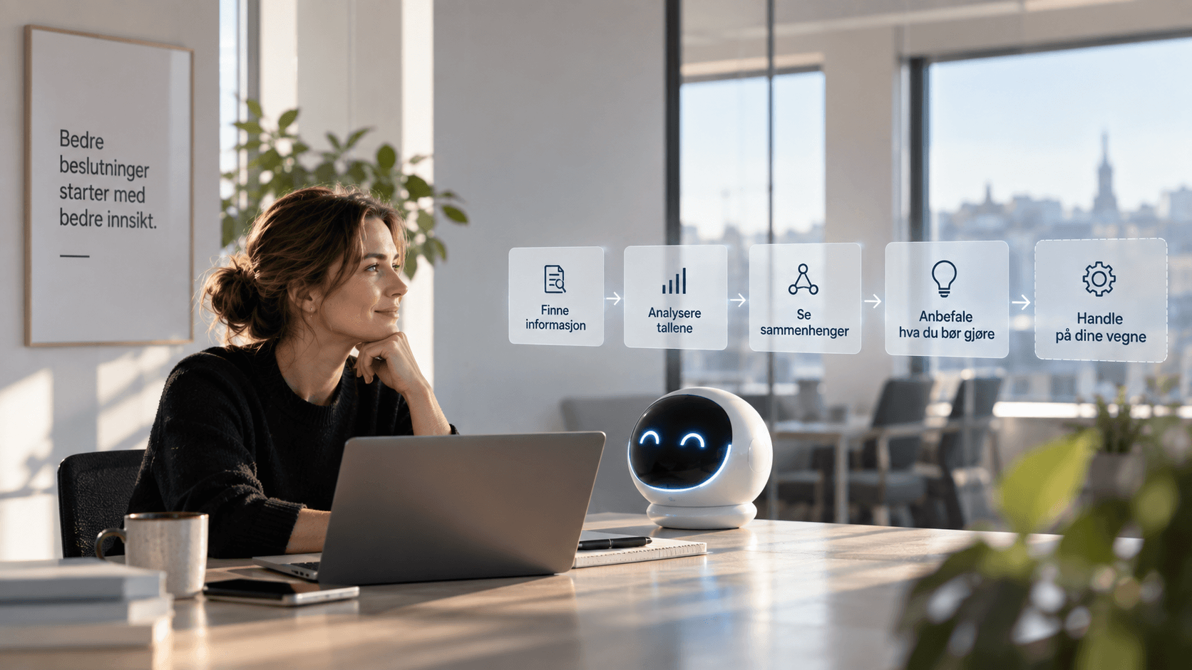 Illustrasjon: en liten AI-robot med fem trinn i luften, fra å finne informasjon til å handle på dine vegne