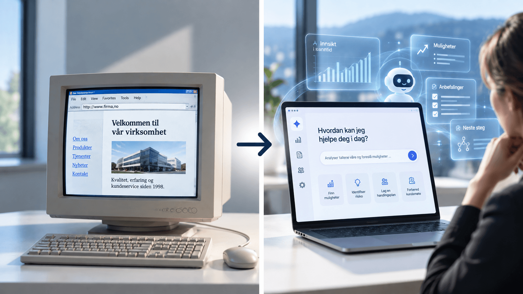Fra gammeldags nettside på en CRT-skjerm til en AI-assistent på en bærbar PC