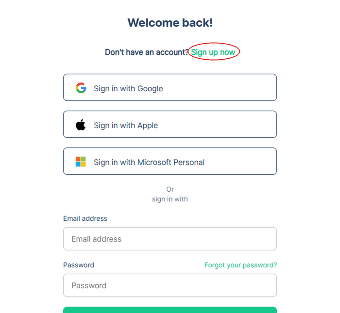 B2C-innloggingssiden med lenken «Sign up now» ringet inn i rødt