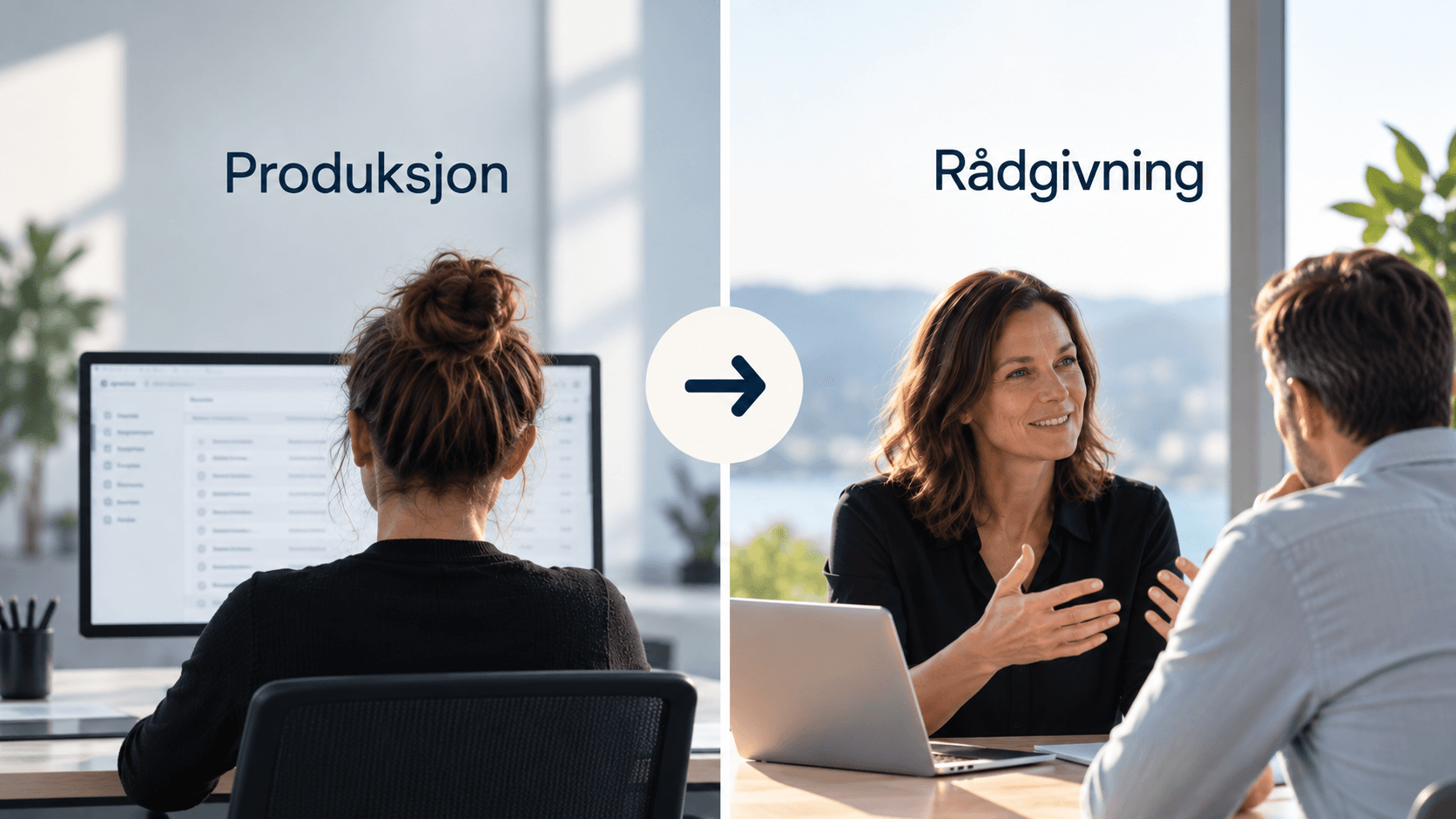 Illustrasjon: fra produksjon til rådgivning, en regnskapsfører går fra skjermarbeid til samtale med kunde