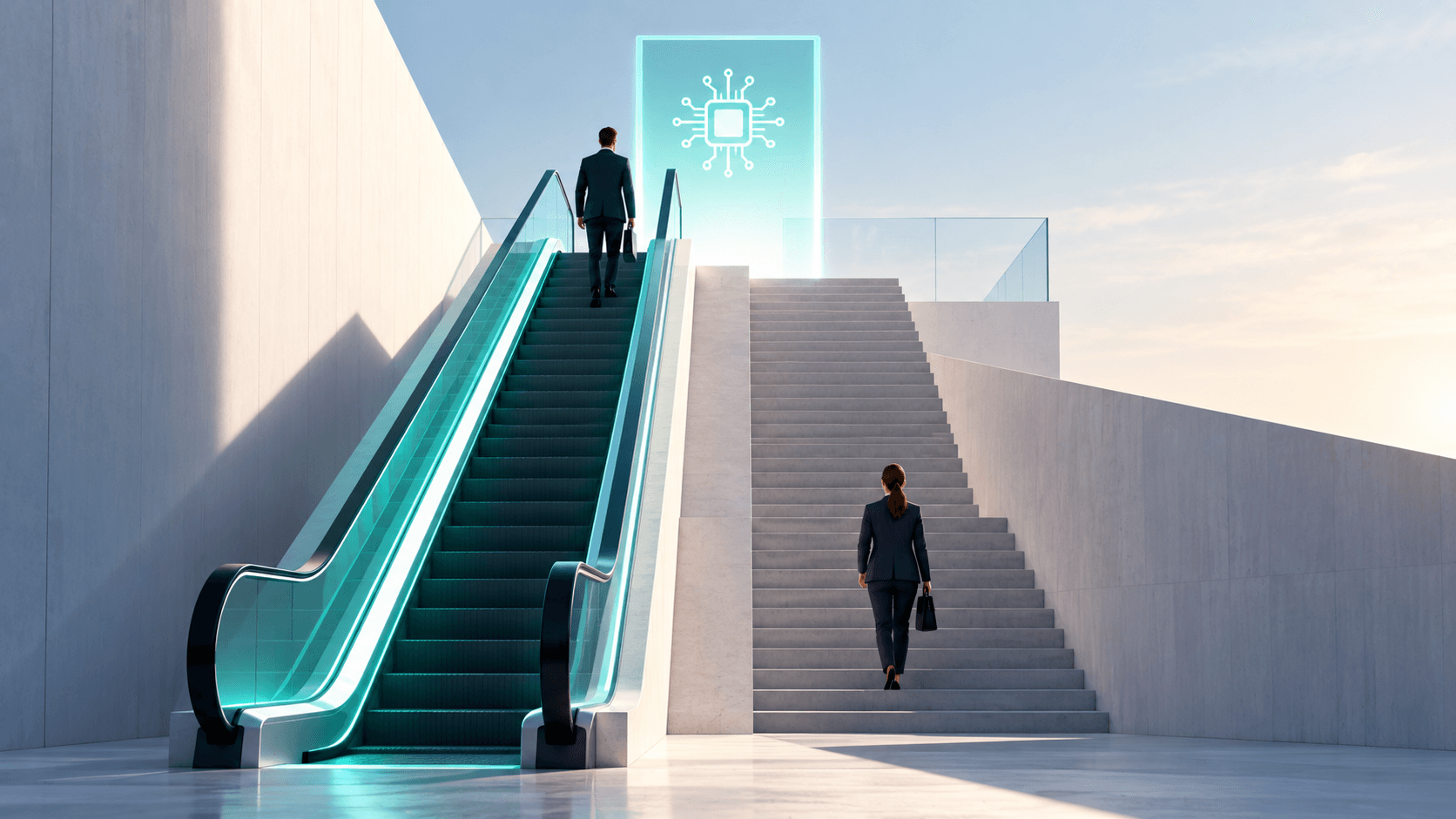 Illustration: large and small companies with a widening gap in AI use between them