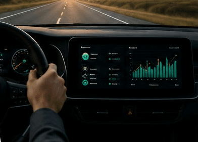Bilcockpit med et datadashbord på skjermen
