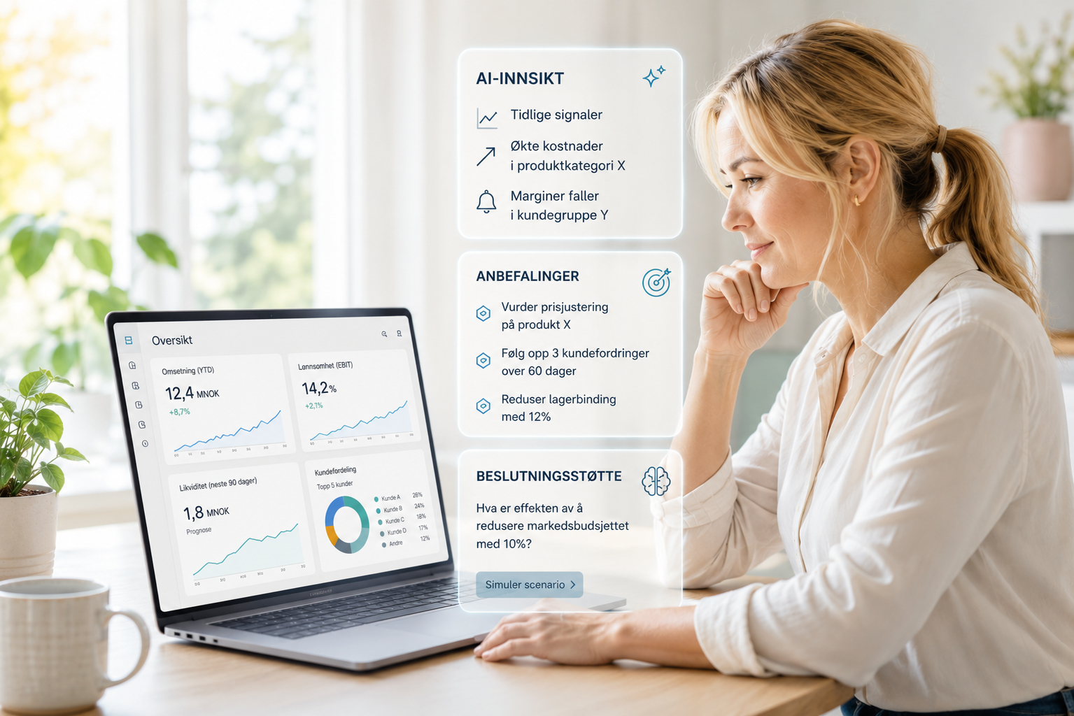En leder ser på AI-innsikt og anbefalinger i Capassa-dashboardet på laptopen