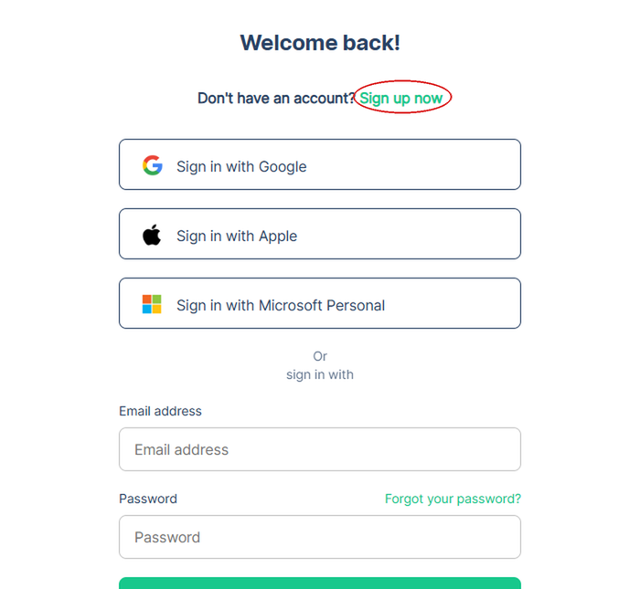 The B2C sign-in page with the "Sign up now" link circled in red