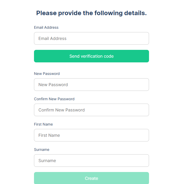 The sign-up form with fields for email, password, first name, and surname