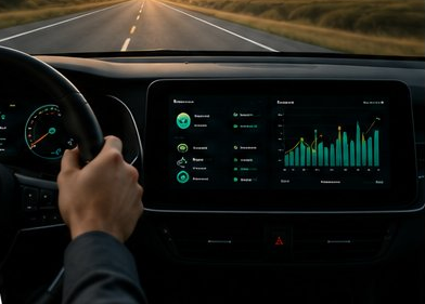 A car cockpit with a data dashboard on the screen